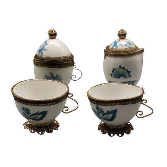 Egg Shell Childs Tea Set Handmade Vtg 4 Piece Set 2 Teacups Sugar Bowl Creamer - Picture 1 of 16